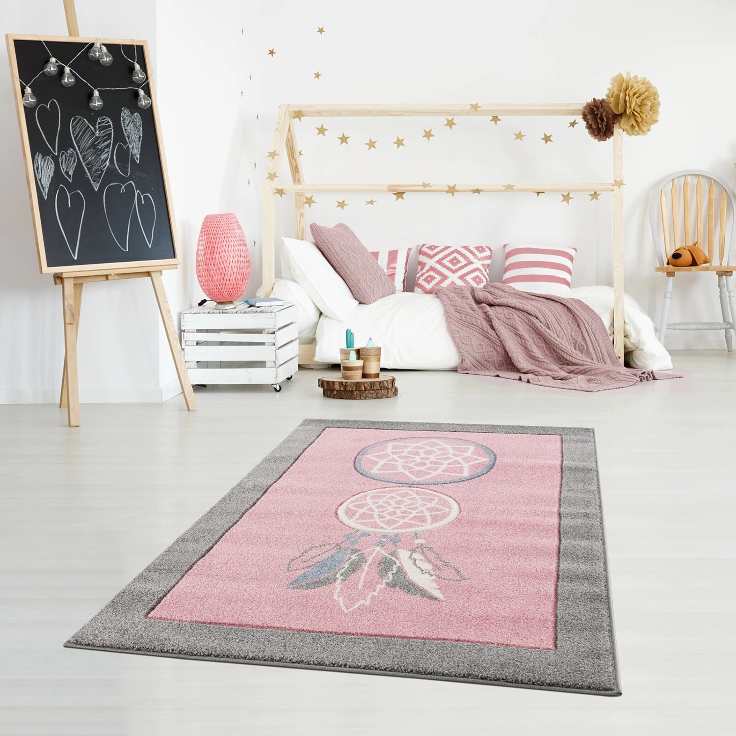 Happy Rugs Tapis enfant Attrape-rêves - Fibres synthétiques - Rose / Gris clair 4 Happy Rugs Tapis enfant Attrape-rêves - Fibres synthétiques - Rose / Gris clair – Image 2