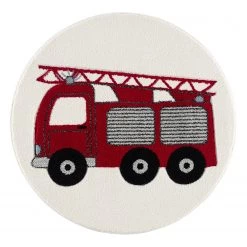 Happy Rugs Tapis enfant rond Camion de pompier - Fibres synthétiques - Rouge / Crème