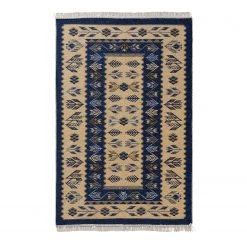 Sehrazat Tapis réversible Tulum 9920 - Coton / Polyester - Beige / Bleu foncé - 70 x 140 cm