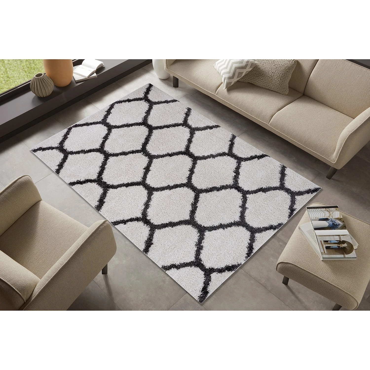 Top Square Tapis épais Herning - Fibres synthétiques - Crème / Noir - 200 x 280 cm 4 Top Square Tapis épais Herning - Fibres synthétiques - Crème / Noir - 200 x 280 cm – Image 2