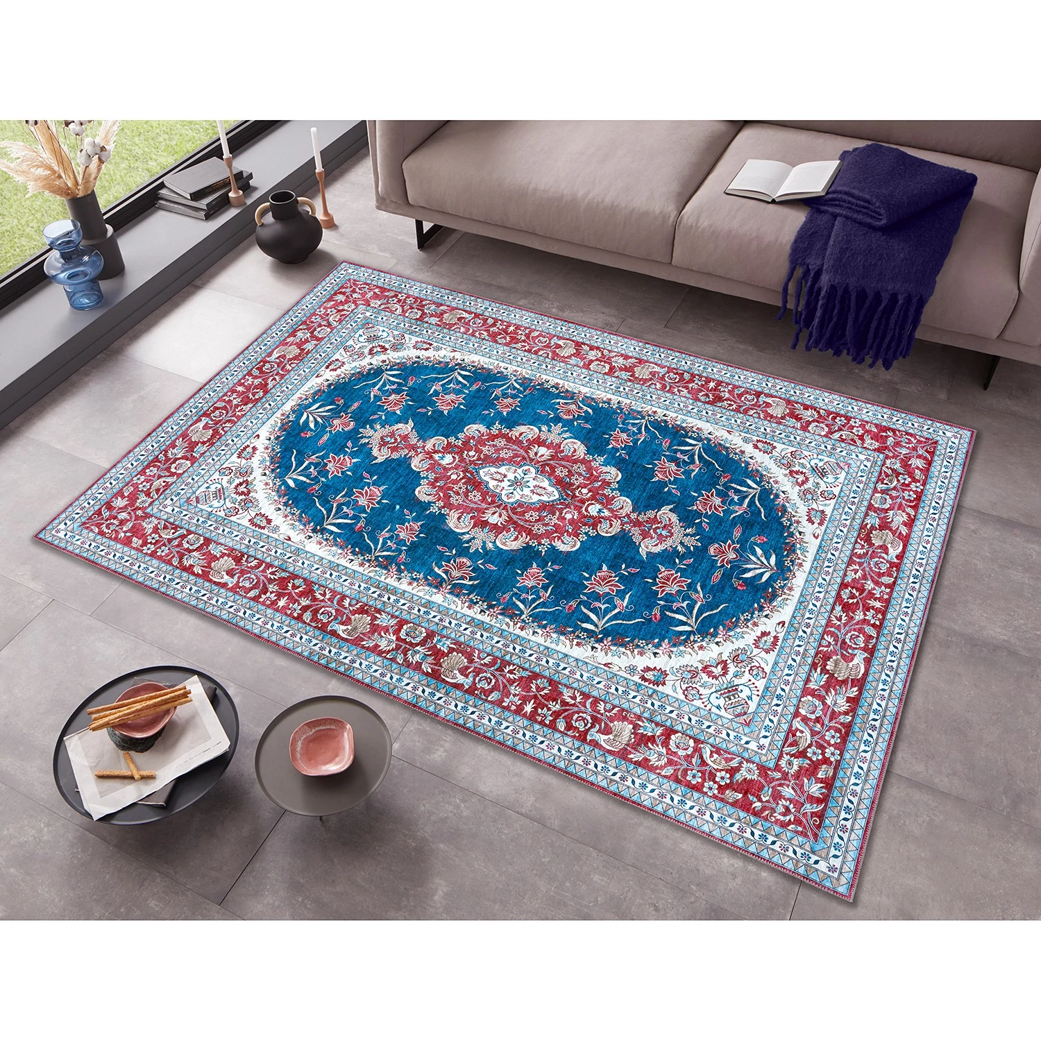 Nouristan Tapis Tabriz Nila - Polyester - Rouge rubis / Bleu - 200 x 290 cm 4 Nouristan Tapis Tabriz Nila - Polyester - Rouge rubis / Bleu - 200 x 290 cm – Image 2