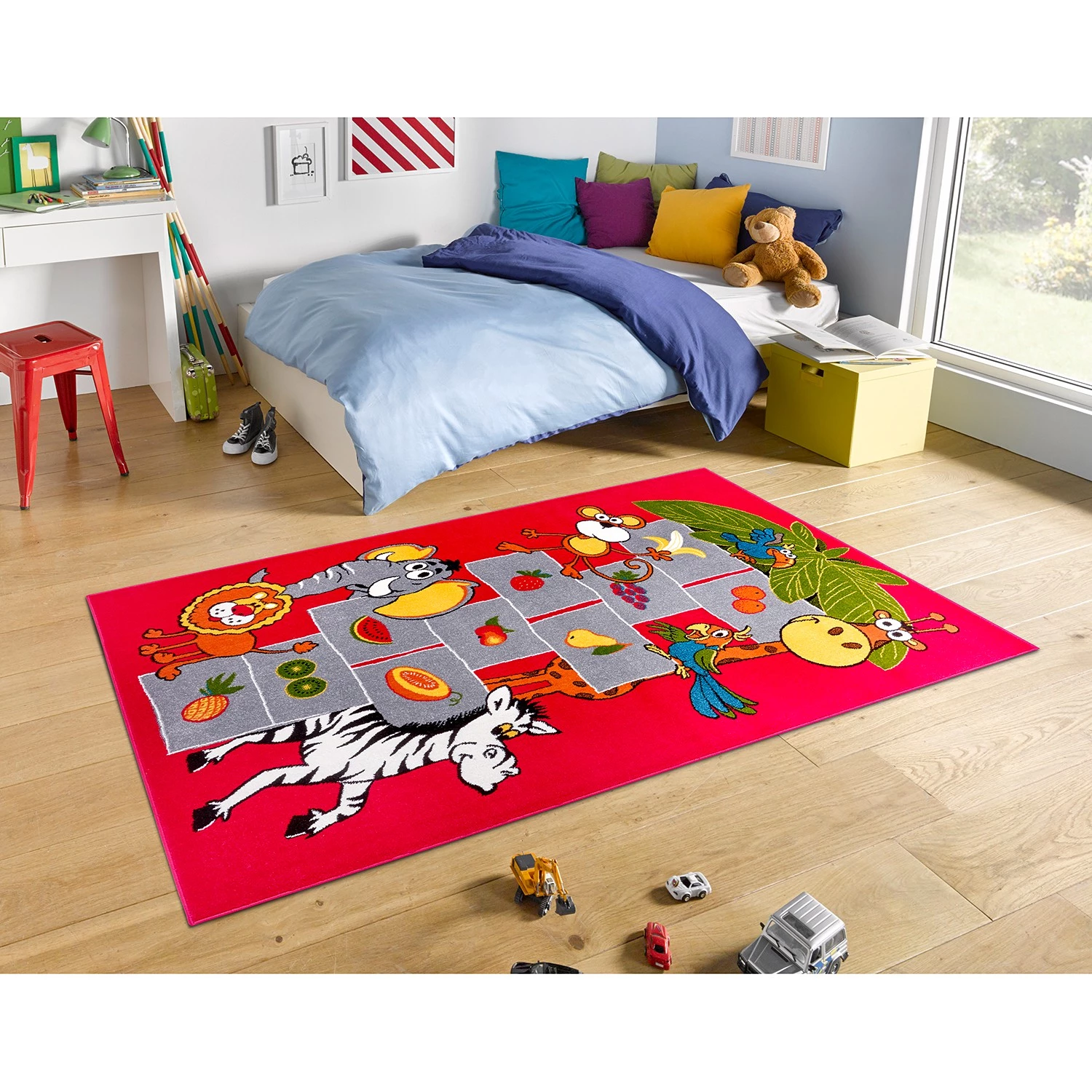 Hanse Home Tapis enfant / couloir Jungle Jump - Polypropylène thermobouclé - Rouge / Gris 4 Hanse Home Tapis enfant / couloir Jungle Jump - Polypropylène thermobouclé - Rouge / Gris – Image 2